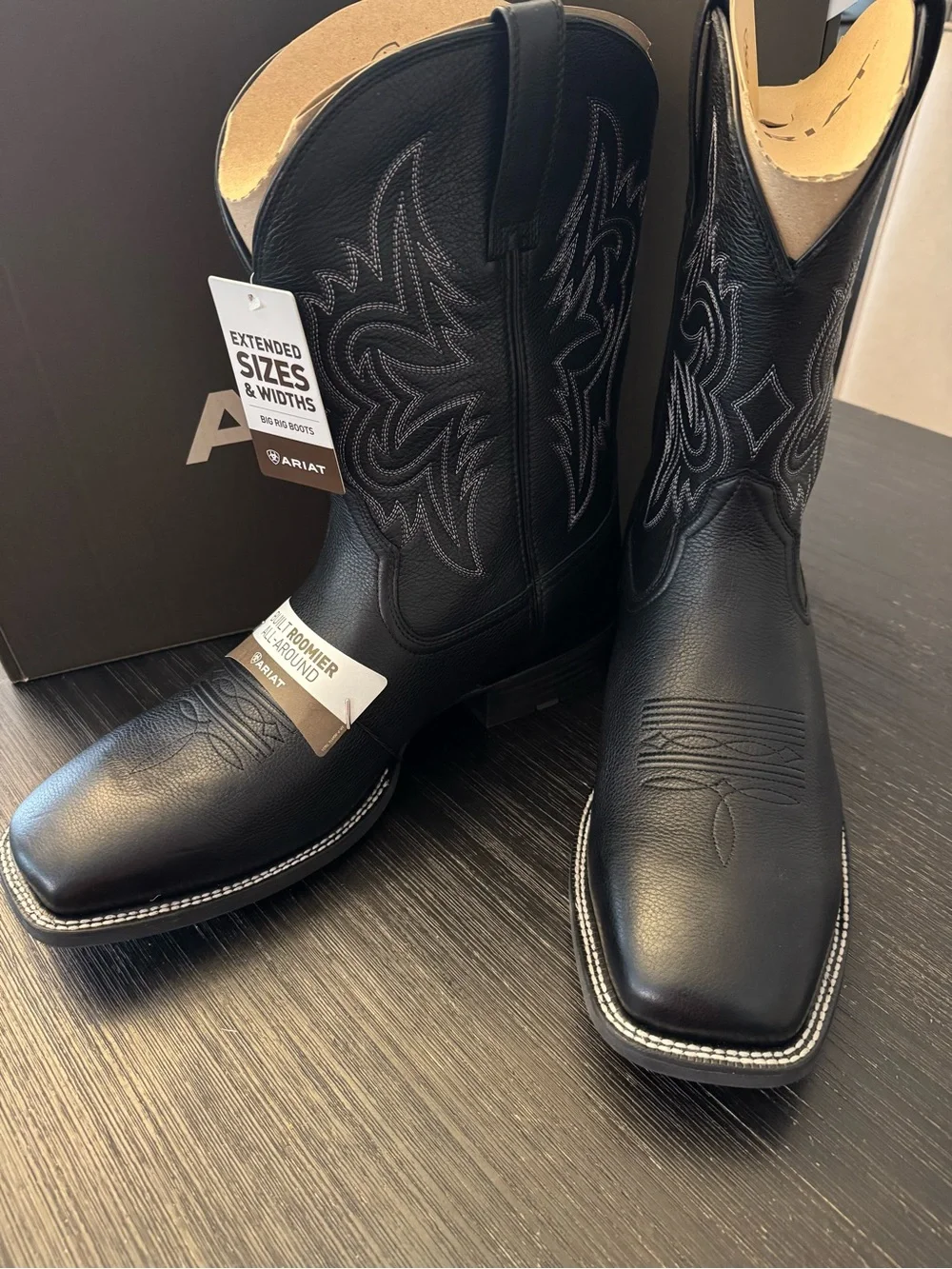 Ariat Black Leather Square-Toe Western Boots with Embroidered Shaft